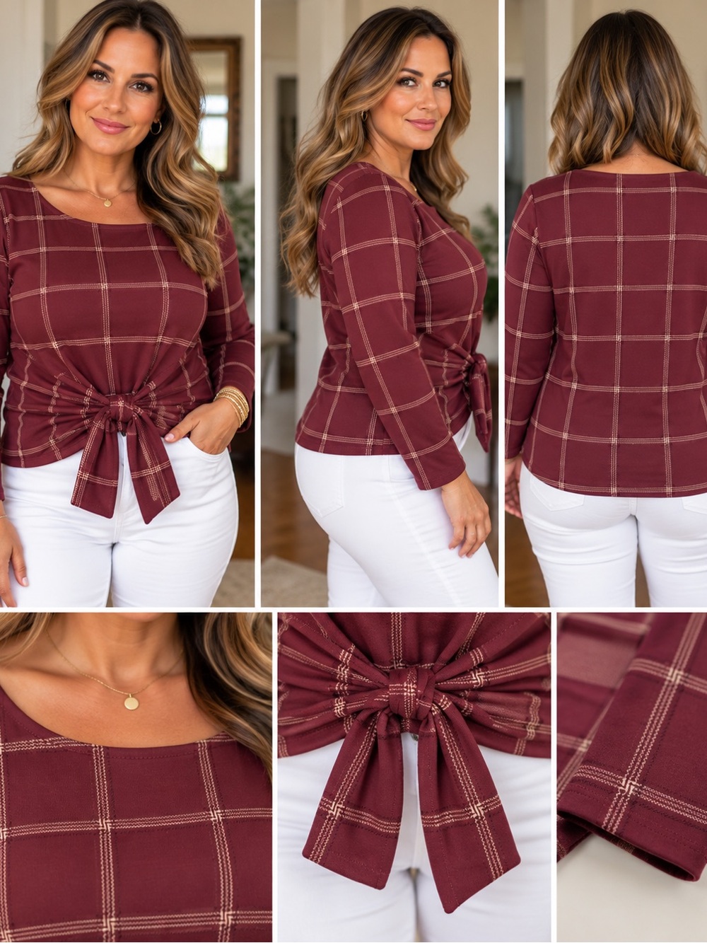 Ann Taylor Factory Burgundy Plaid Tie-Front Blouse